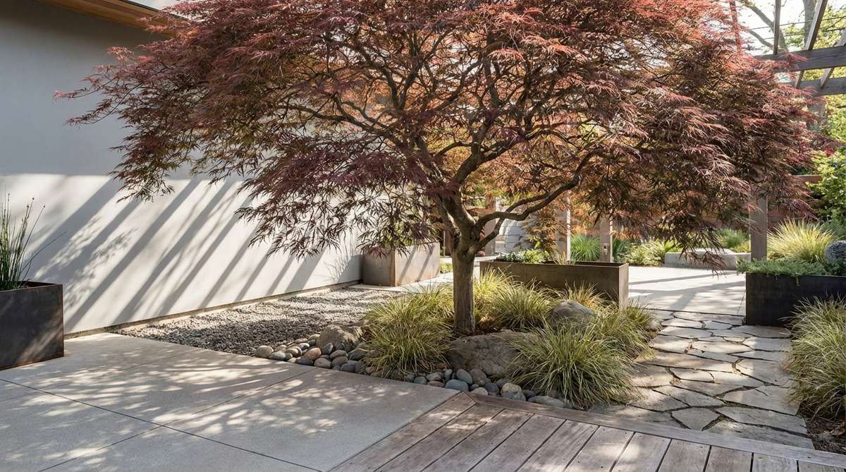 A Japanese maple tree showcasing its refined branching structure and delicate foliage, creating beautiful layered canopy patterns that add vertical interest to a modern garden without visual heaviness. The fine-textured leaves and restrained growth habit exemplify minimalist design principles, with sunlight filtering through to create elegant shadow play on adjacent surfaces.