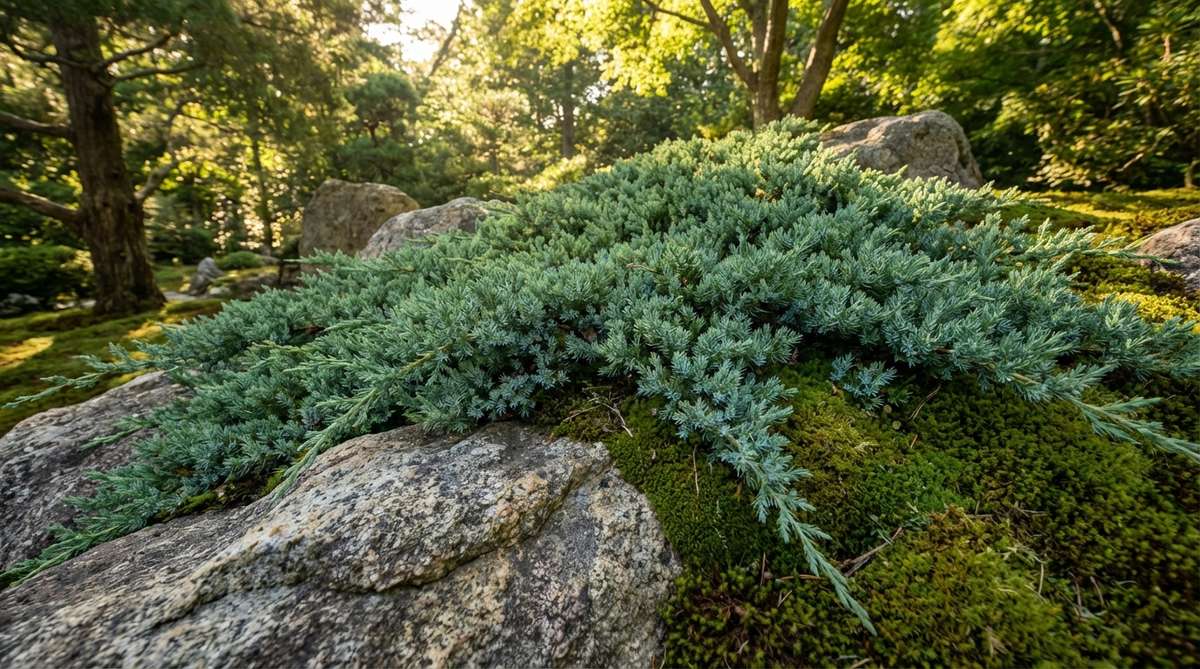 A close-up of Juniperus horizontalis, or creeping juniper, showcasing its dense, low-growing evergreen foliage with blue-green color, cascading over rocks in a Japanese garden setting. The image highlights its naturalistic growth pattern and suitability as a groundcover in sun-exposed areas, complementing traditional moss elements.