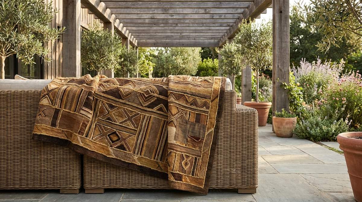 A Kuba cloth-inspired throw blanket draped over an outdoor sofa, showcasing intricate geometric patterns in earthy browns, tans, and golds. The textured, cut-pile embroidery and appliquéd designs add dimensional warmth to afro boho decor, perfect for pergola-covered relaxation spaces.