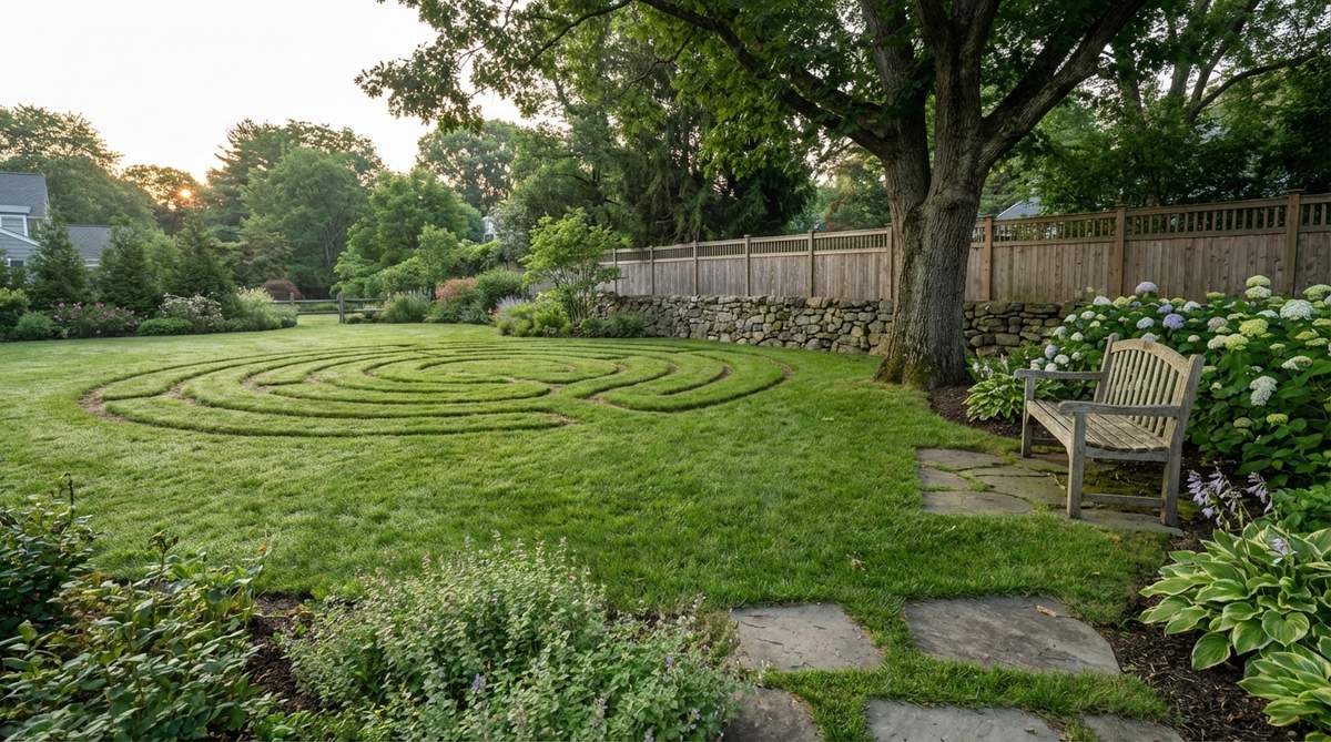 A serene labyrinth or walking meditation loop mown into a lush green lawn, with gentle turns and wide spacing for comfortable, slow walking to promote relaxation and focus, set in a peaceful backyard garden.