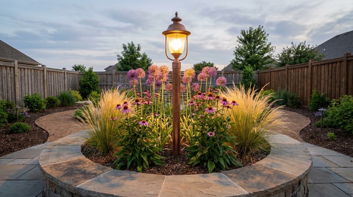 A circular raised flower bed surrounding a lamp post with echinacea, alliums, and ornamental grasses creating a glowing halo effect in a small garden setting.