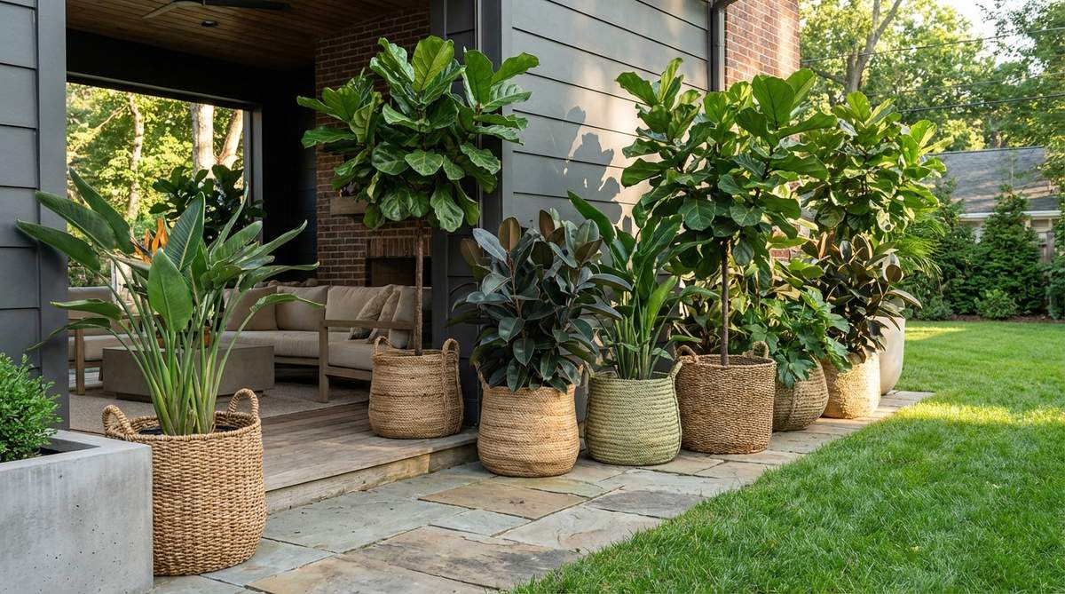Statement plants like fiddle leaf figs, rubber trees, or bird of paradise in oversized woven baskets add jungle vibes to loft corners. The natural basket texture softens nursery pots while adding bohemian warmth, perfect for defining zones in open floor plans or softening architectural transitions in industrial spaces.