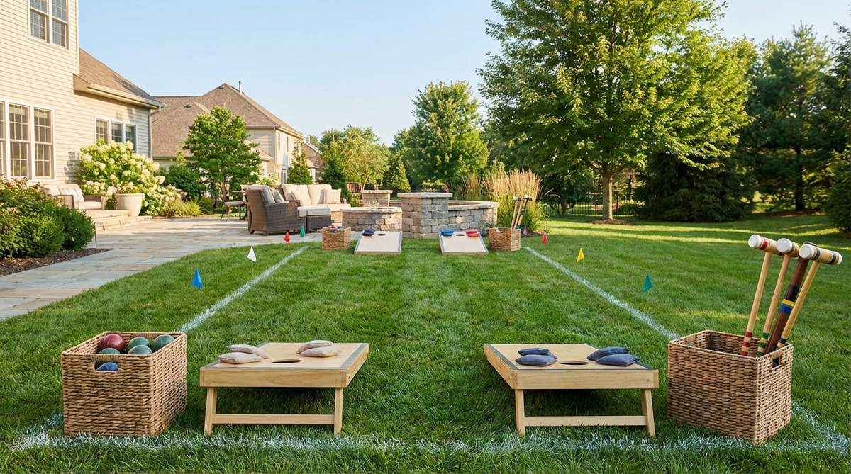 A designated outdoor area featuring cornhole, bocce, or croquet games set up with decorative storage baskets and marked boundaries using landscape flags or spray chalk, encouraging interactive entertainment for various age groups at gatherings.