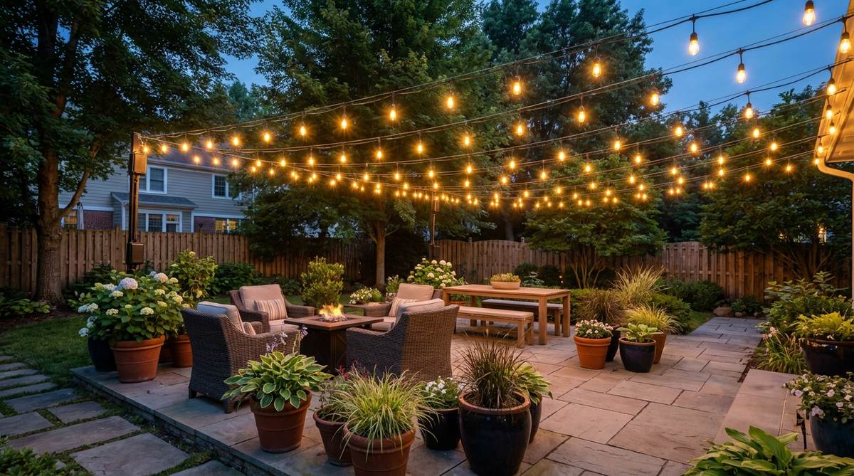 A terrace garden featuring a cafe-style LED string light canopy with Edison bulbs, arranged in parallel lines to create a festive atmosphere. The energy-efficient lights provide soft overhead illumination, defining an outdoor living zone with weather-rated connections for durability.