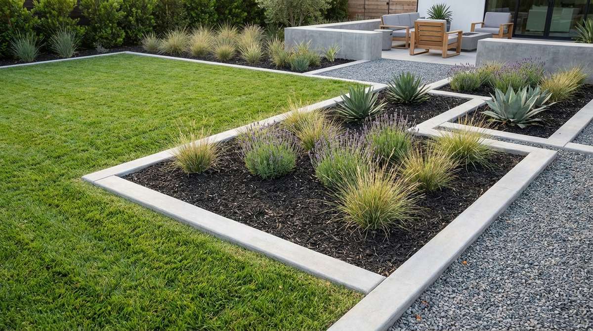 A modern garden design featuring linear concrete landscape edging, showing continuous concrete strips separating different ground materials like gravel from mulch or lawn from beds. The permanent edging prevents material migration and is installed flush with mowing surfaces or slightly raised, typically 3-6 inches above grade.