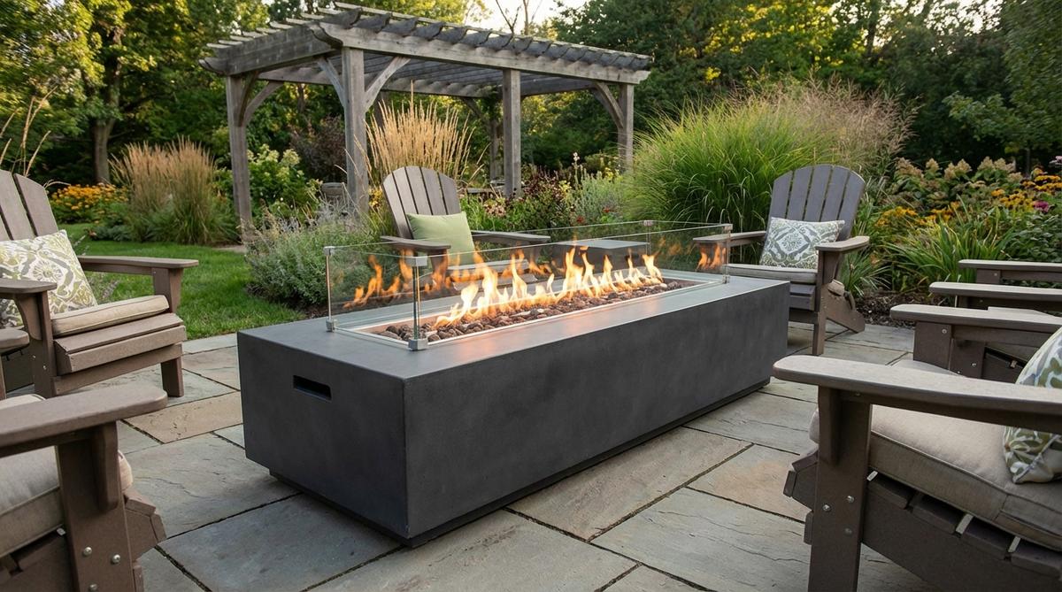 A sleek rectangular gas fire table or trough with automated ignition and tempered glass wind guards, providing modern aesthetics and even heat distribution along its length, ideal for rectangular patios in cozy garden settings.