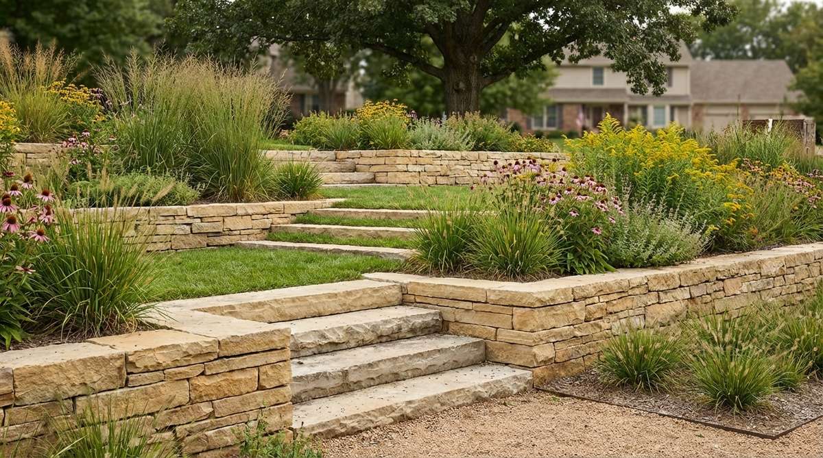 A stone garden wall featuring low-profile wide terraces with broad shallow steps 12-18 inches high, creating gentle proportions suitable for prairie-style landscapes. The design includes wide planting shelves minimum 6 feet between walls to accommodate substantial perennial groupings and support deeper root systems, particularly effective for ornamental grass displays where horizontal mass complements the terraced geometry.