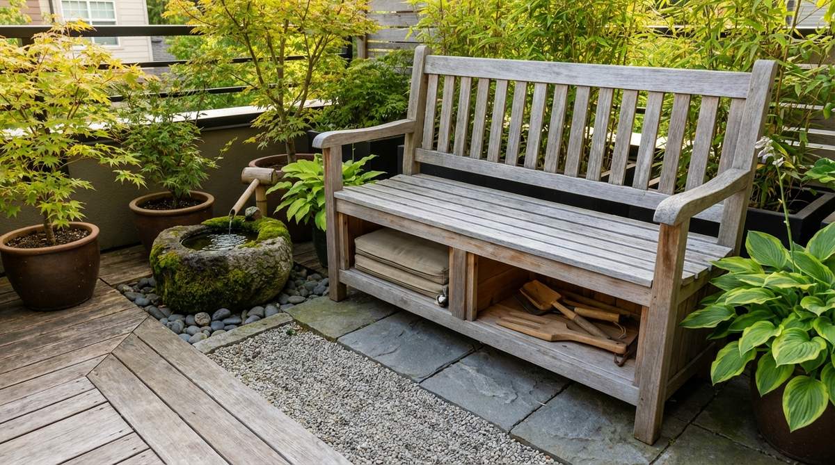 A low wooden meditation bench made of cedar or teak, placed along the edge of a Japanese balcony garden to face a primary view or water feature. The bench serves as both a seating area for meditation and storage for garden tools, cushions, or raking implements, with a natural finish that weathers gracefully and requires minimal maintenance.