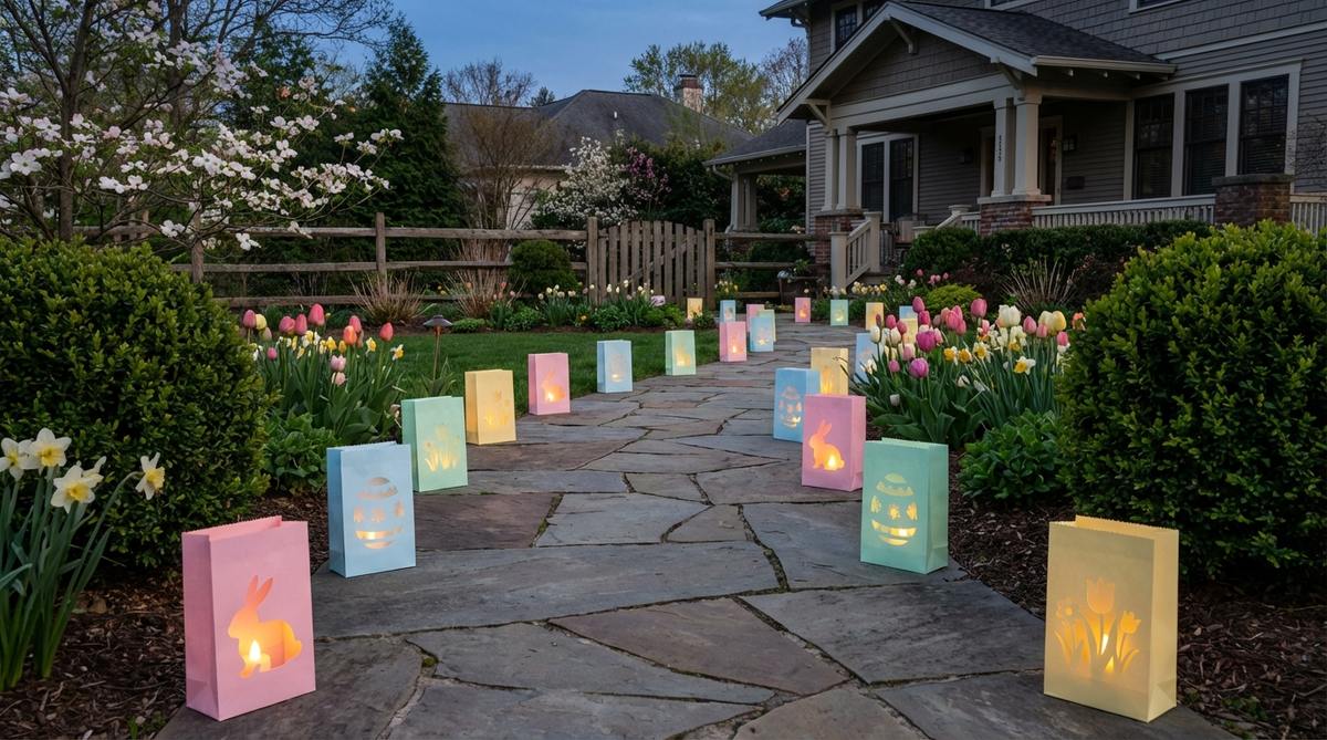 A decorative outdoor Easter setup featuring luminaria pathway markers made from pastel-colored cardstock paper bags with Easter-themed cutout designs. The luminarias are spaced evenly along both sides of a garden walkway, each containing battery-operated LED candles that emit a soft, welcoming glow at dusk. This safe, reusable decoration creates festive illumination for Easter gatherings while eliminating fire hazards.
