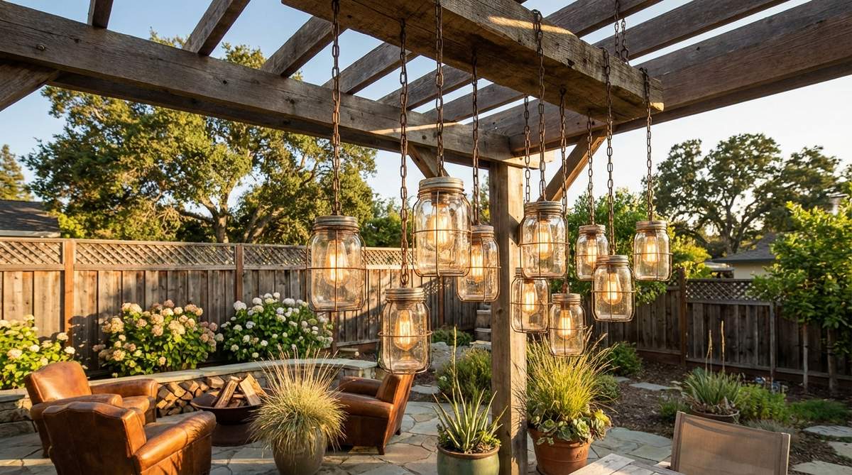 A vintage mason jar chandelier cluster with clear glass jars wired into pendant groupings, delivering farmhouse charm and western boho decor style. It allows full light transmission and visual interest, ideal for hanging at varied heights in odd-numbered clusters with Edison bulbs rated at 40 watts to prevent overheating.
