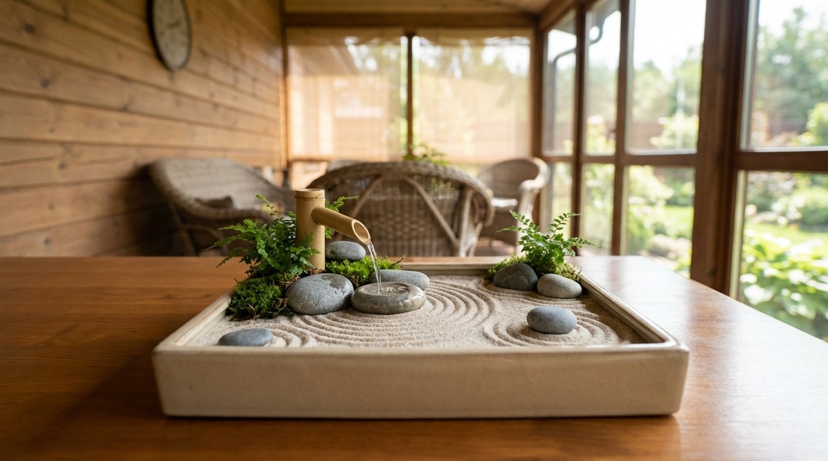 A desktop-sized Zen garden fountain featuring a shallow tray with carefully raked sand patterns, decorative stones, and a gentle bubbling water element. The minimalist water flow creates a meditative landscape perfect for covered porches or indoor spaces.