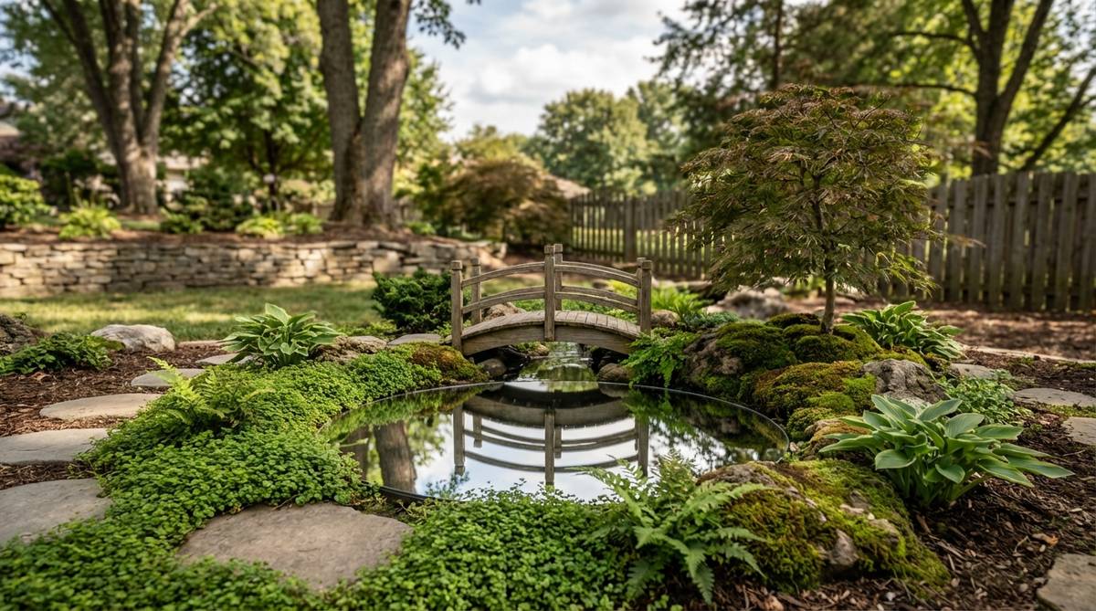 A miniature garden decor featuring a mirror pond with an arched bridge, creating a reflective water surface that enhances depth and visual impact. Includes stepping stones and moisture-loving plants like baby tears around the edges.