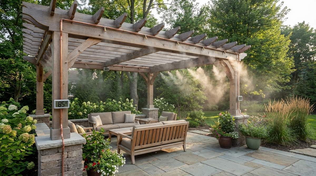 High-pressure misting nozzles installed along a pergola perimeter with copper tubing, demonstrating evaporative cooling technology that reduces ambient temperature by 20-30 degrees while keeping surfaces dry.