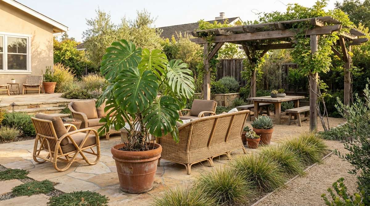 A Monstera deliciosa plant with distinctive split leaves in a large terracotta pot, serving as a bold tropical statement piece in earthy boho decor. The dramatic foliage acts as living sculpture, anchoring seating areas and defining spatial zones in open floor plans.