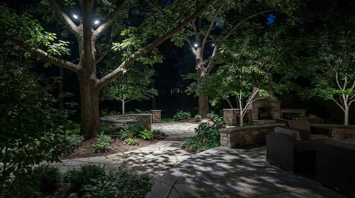 A garden scene with fixtures mounted high in mature trees, directing light downward through foliage to simulate natural moonlight. Broad flood beams create dappled shadow patterns on the ground, positioned 20-30 feet above grade in sturdy branches to prevent glare and maintain a mysterious ambiance.