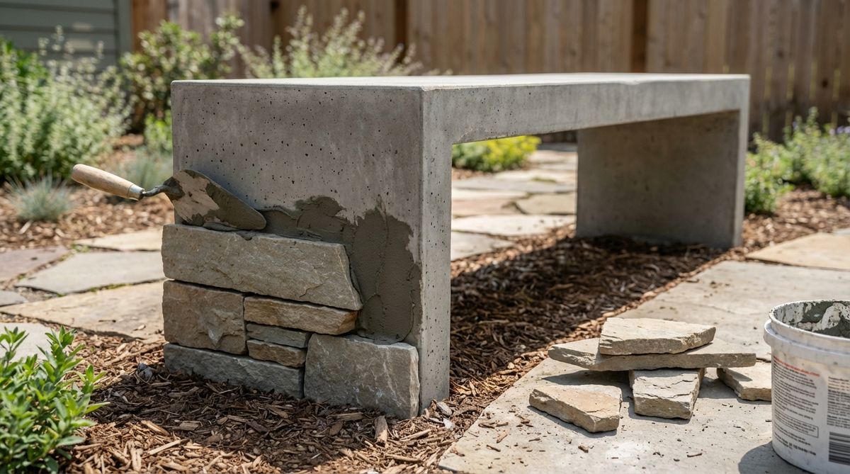 A close-up image showing the application of thin stone veneer to concrete legs of a modern garden bench, using mortar adhesive. The natural stone face adds texture and visual interest, while the concrete provides structural support. The process involves pouring simple rectangular legs, then attaching flat stones or manufactured stone products after full cure, working from bottom to top. Stones are typically 1-2 inches thick to manage weight, allowing for personalization of basic concrete forms without advanced skills.