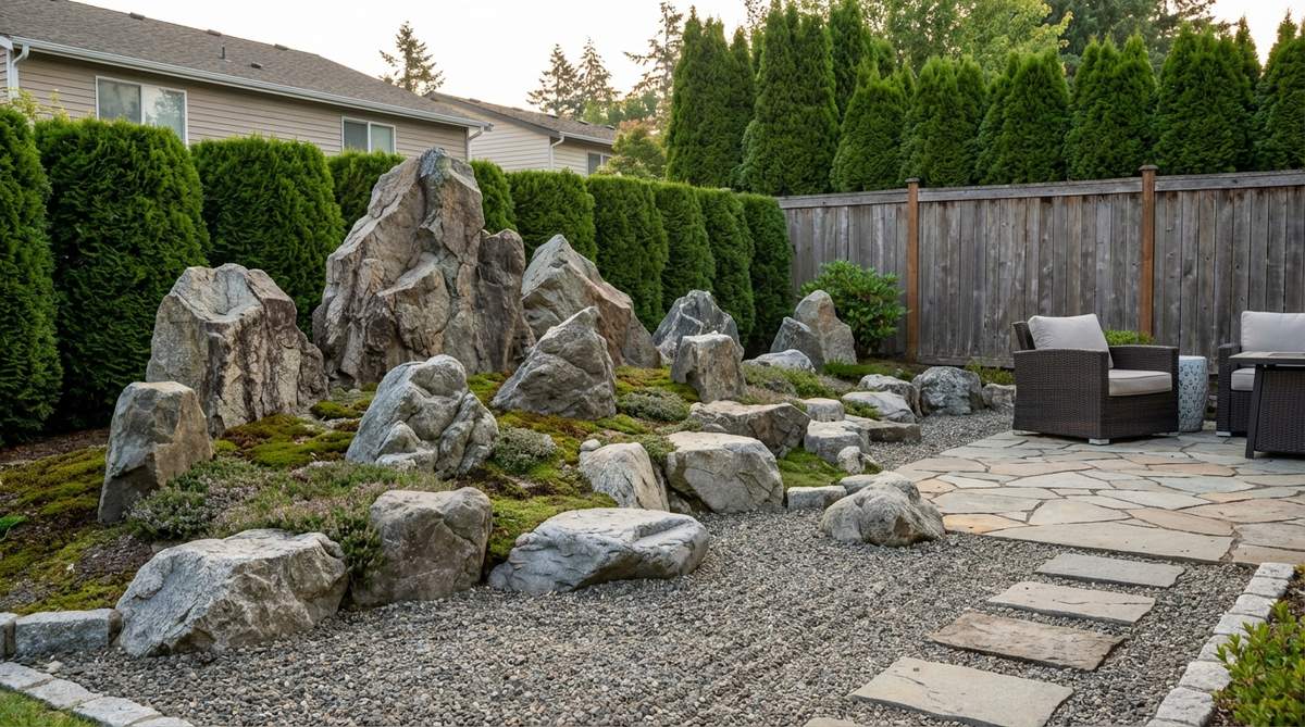 A Japanese stone garden arrangement showing stones in linear progression to create a mountain range horizon line effect. Taller stones at the back graduate to shorter ones in front, suggesting distant peaks fading into haze and creating perspective depth. This backdrop design frames the garden and directs attention forward, suitable for rectangular spaces where length exceeds width.