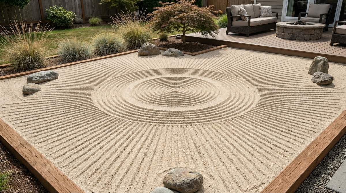 A zen garden sand pattern featuring concentric circles at the center with straight lines radiating outward from the circular boundary. This meditative design combines focal centralization with expansive energy, where the center represents the practitioner and radiating lines symbolize expanding awareness. Ideal for meditation gardens, created by forming central circles first, then adding evenly spaced radiating lines from the outermost circle to the garden edges.
