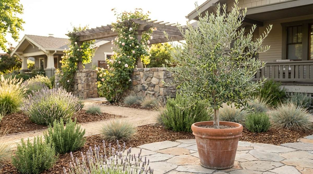 A small Olive Arbequina tree with silvery evergreen foliage and small olives, growing in a terra cotta pot in a sunny garden setting, ideal for drought-tolerant landscaping in Mediterranean-style gardens.