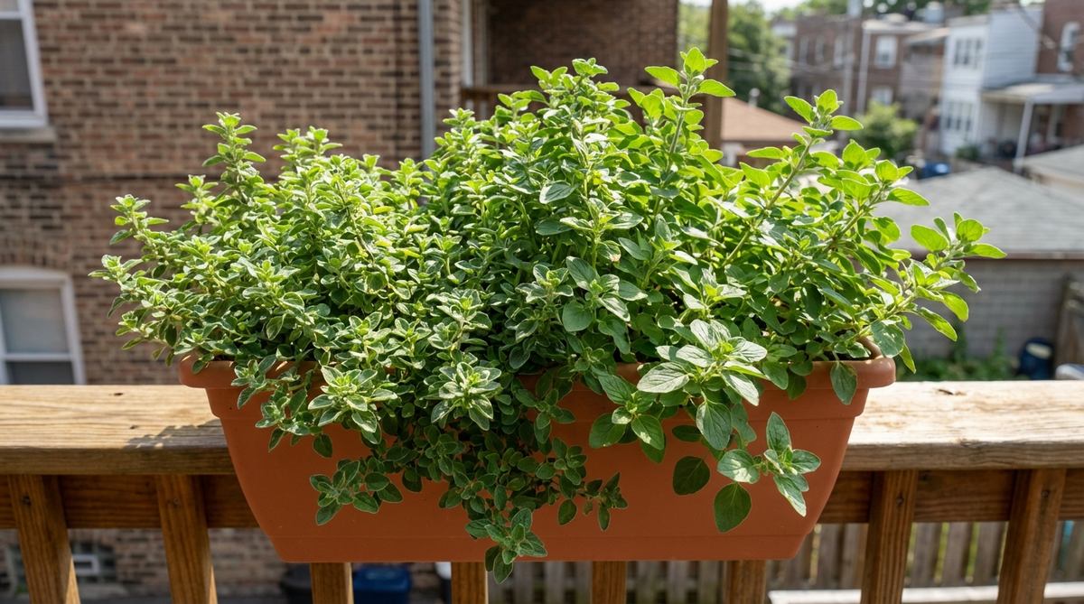 A close-up photo of oregano growing in a balcony container, showing its spreading aromatic foliage. The hardy herb thrives in urban settings with minimal care, tolerating wind and varying light conditions. Greek and Italian oregano varieties are visible with their distinct leaf textures.