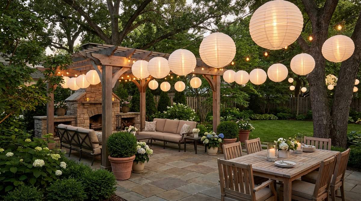 Collapsible rice paper lanterns creating uniform glowing orbs for temporary outdoor lighting at events and seasonal celebrations. Weather-resistant synthetic paper diffuses LED light while minimizing storage volume when stored flat.