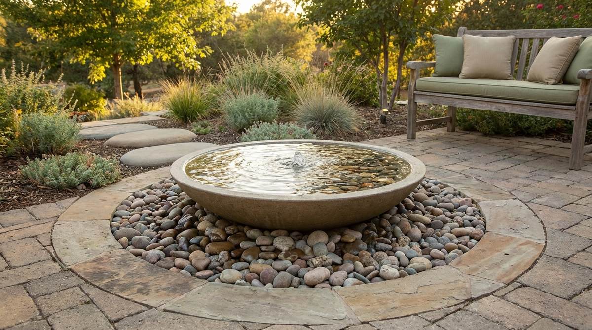 A wide shallow bowl filled with smooth pebbles, with water bubbling up through the stones, creating a touchable texture and subtle sound. This low-profile water feature is ideal for patios and intimate seating areas, designed for sensory gardens to enhance tactile engagement.
