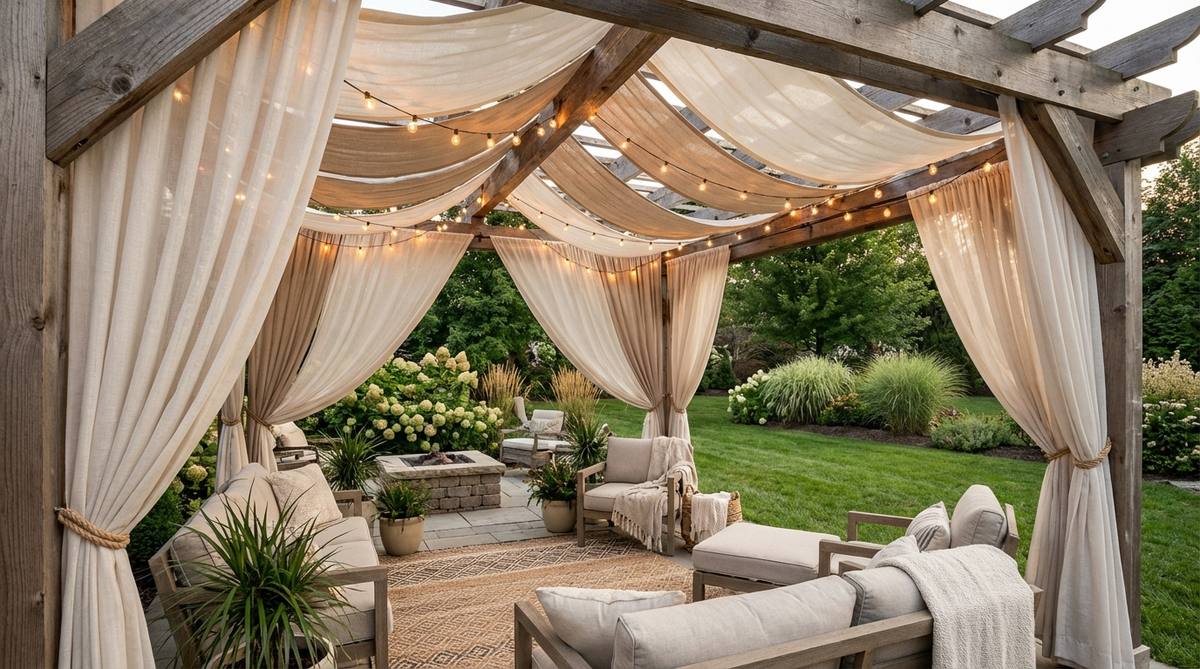 A boho-style outdoor space featuring a pergola or gazebo draped with weather-resistant fabrics and sheer outdoor curtains. The setup includes light-colored fabric panels hung on outdoor rods, tied back to create shade and intimacy, with string lights woven through the folds for a romantic ambiance.
