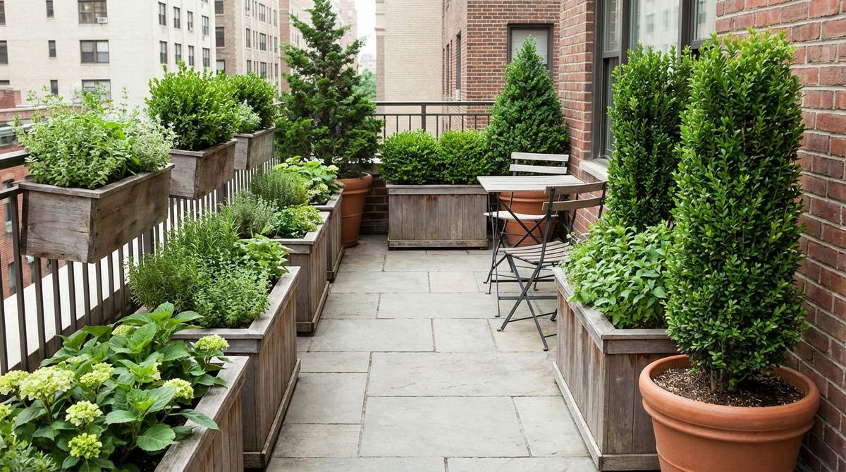 A diagram showing rectangular planters arranged along the edges of a narrow urban balcony, with taller plants at corners and shorter ones along straight sections, leaving the center open for seating or movement to maximize planting capacity while maintaining usable floor space.