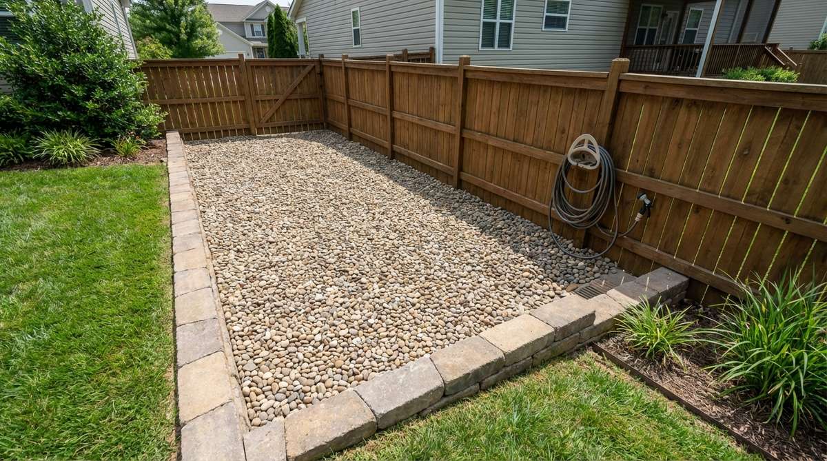 A durable and sanitary pea gravel dog run, fenced and designed for quick drainage and easy cleanup, preventing mud and maintaining a clean outdoor space for pets.