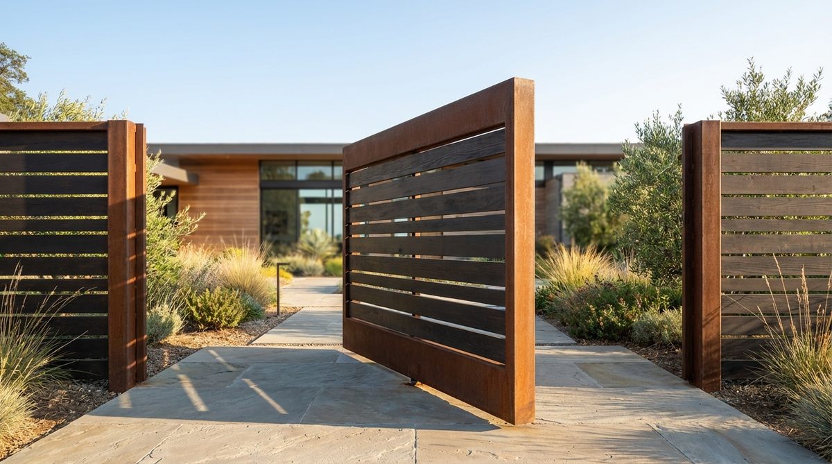 A sleek pivot gate rotating on central axis points, designed for modern garden entries with dramatic architectural statements. The gate demonstrates the clearance space required for 90-degree rotation, suitable for contemporary estates with larger gate installations.