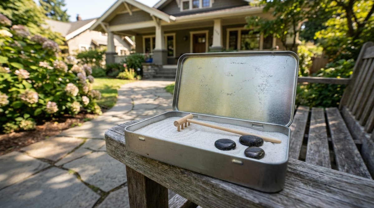 A hinged metal tin measuring 3.5x2.5 inches, containing a mini rake and three polished pebbles for a portable zen garden. Designed to fit in jacket pockets or small purses, it prevents sand spillage with a snap closure, ideal for quick meditation sessions during travel, airport layovers, or between meetings to maintain daily mindfulness routines.