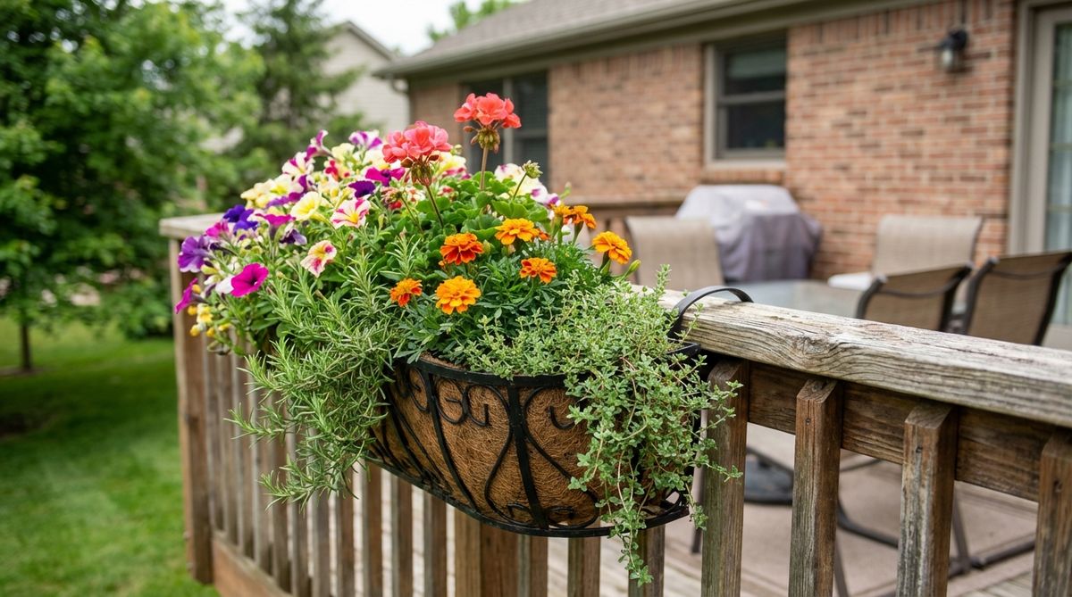 A decorative railing saddle planter mounted securely on a balcony railing, filled with colorful flowering annuals and trailing herbs. The planter maximizes vertical space without using floor area, perfect for small gardens or urban balconies.