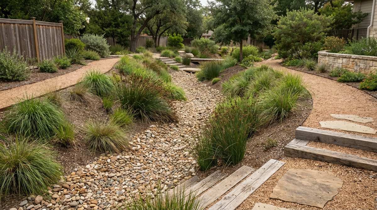 A gravel garden path designed as a bioswale to capture and filter roof runoff. The path features a deep excavation with sloped sides, layered with washed stone and decorative gravel, and planted with moisture-tolerant sedges and rushes along the edges.