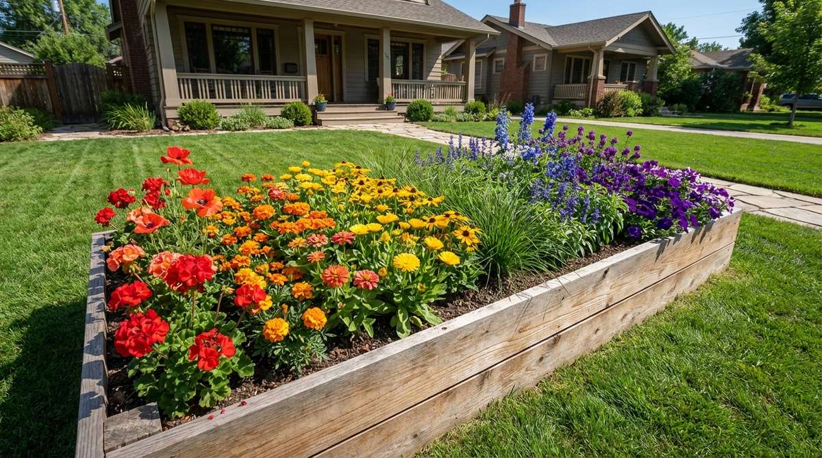 A vibrant garden raised bed featuring flowering plants arranged in a rainbow gradient, transitioning smoothly from warm reds and oranges to cool blues and purples in color-wheel order. This ombre effect creates a stunning visual impact, with diagonal bands of flowers in a 4x8 bed, ideal for front yards or highly visible garden spots.