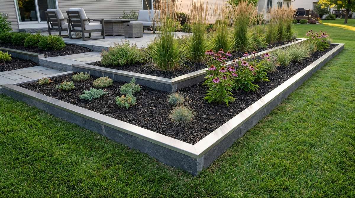 A contemporary garden bed with raised perimeter curbing extending 2-3 inches above grade, featuring contrasting stone or metal caps to define borders, contain mulch, prevent soil washout, deter rabbits, and reduce slug access from adjacent turf areas.