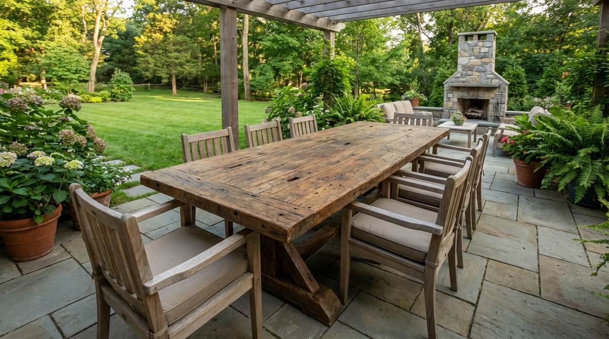 A rustic outdoor dining table made from reclaimed wood, featuring thick salvaged planks with visible mortise holes, nail marks, and weathered patina. The trestle-style base allows the character of the solid wood tabletop to dominate, perfect for family dinners and entertaining on patios or decks.