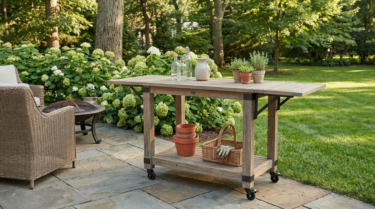 A versatile rolling bar cart with folding sides, perfect for small garden furniture. Features drop-leaf extensions that expand from 20-inch transit width to 36-48 inch serving surfaces, locking casters for stability, lower shelves for glassware and bottles storage, and mobile functionality for use as a bar, potting station, or outdoor kitchen prep surface.