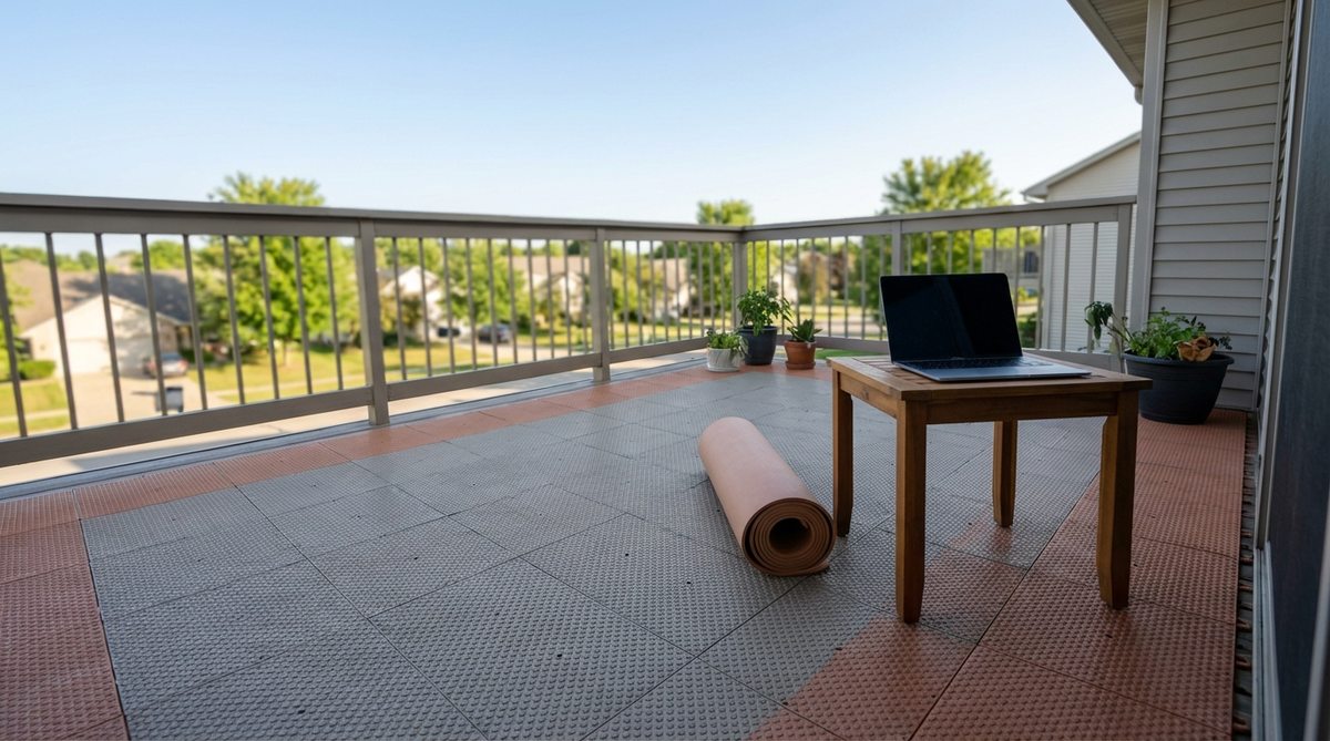 Interlocking rubber tiles with cushioned surface ideal for yoga, play areas, or outdoor workspaces on balconies. Features non-slip safety, drainage holes for wet climates, and shock absorption properties. Made from recycled rubber for sustainable balcony flooring solutions.