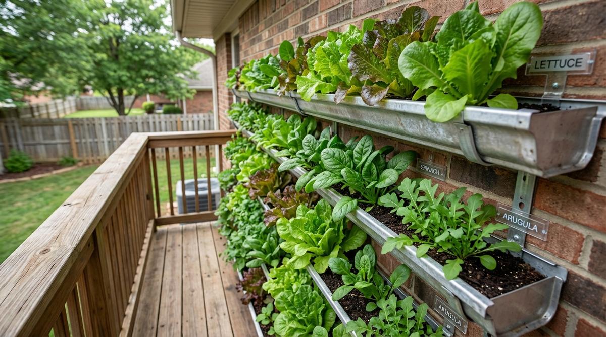 A vertical gutter garden filled with fresh salad greens including lettuce, spinach, and arugula growing on a narrow balcony. The repurposed gutters are arranged linearly to maximize space, showing dense planting of shallow-rooted vegetables ready for harvest. This setup demonstrates efficient urban gardening with easy crop rotation and continuous harvesting potential.