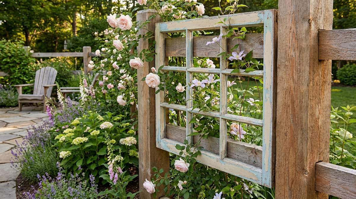 A vintage multi-pane window repurposed as a vertical trellis with architectural character, creating grid patterns for vining plants in a cottage garden style. Features weathered pastel paint or natural wood finish, secured to fence posts or walls for a boho decor aesthetic.