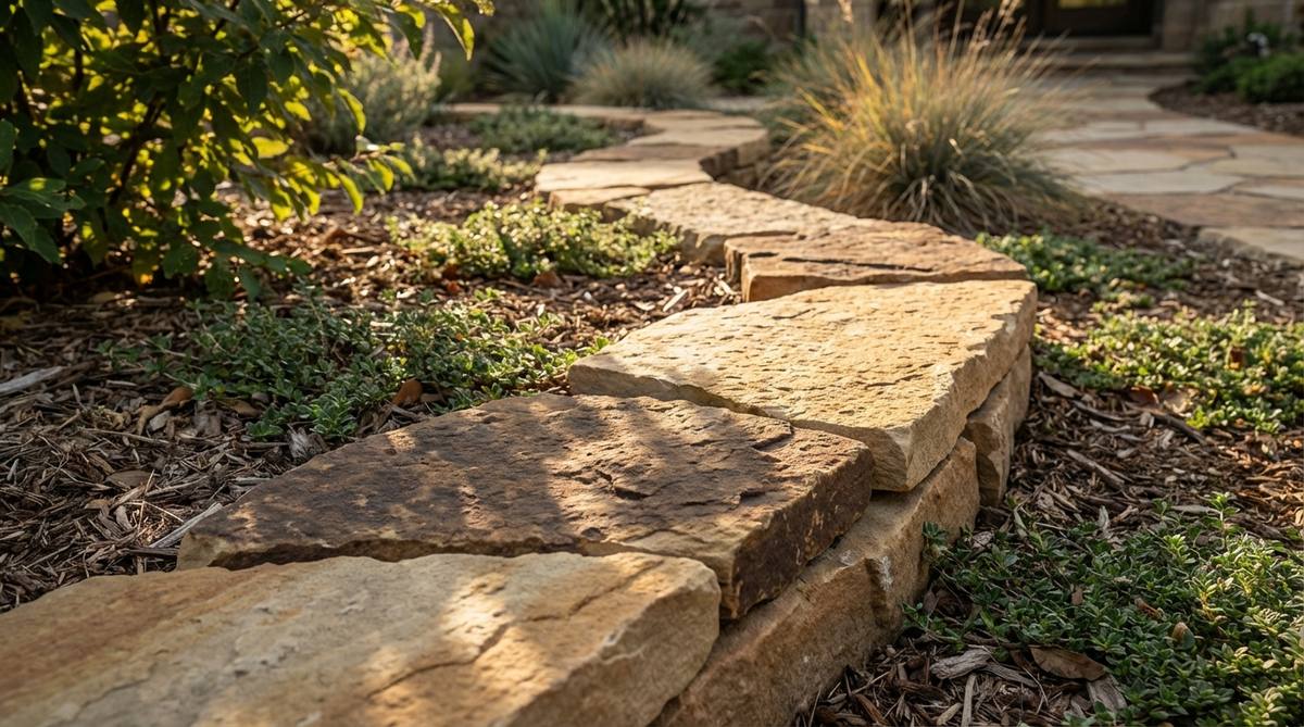A close-up photo of sandstone riven-edge strips used as garden edging, showcasing the natural riven texture on the faces and clean cut edges. The warm buff and brown tones add rich color, with light and shadow highlighting the textured surface in a modern garden setting, suitable for cottage or Mediterranean landscapes.