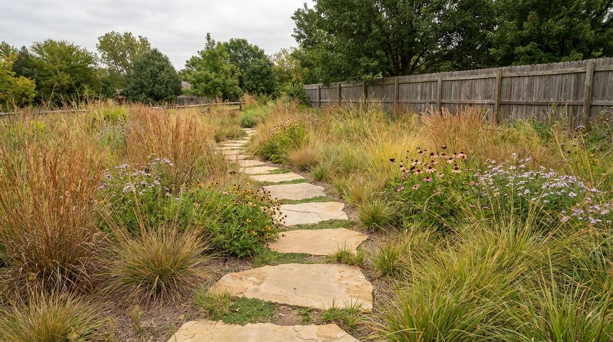 Flat sandstone stepping stones integrated with native grass meadows create a low-maintenance garden pathway that supports local ecology. The grasses provide habitat for pollinators and seasonal visual interest with changing colors and textures.