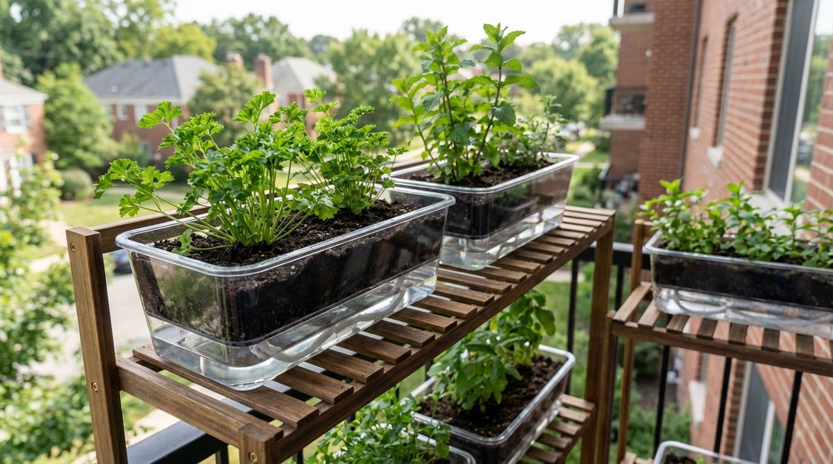 A self-watering wick planter system for mini herb gardens, featuring clear reservoirs that show water levels and cotton wicks that provide consistent moisture. Ideal for growing herbs like parsley and mint in apartments or balconies, this setup reduces watering stress and maintains optimal moisture for healthy plant growth.