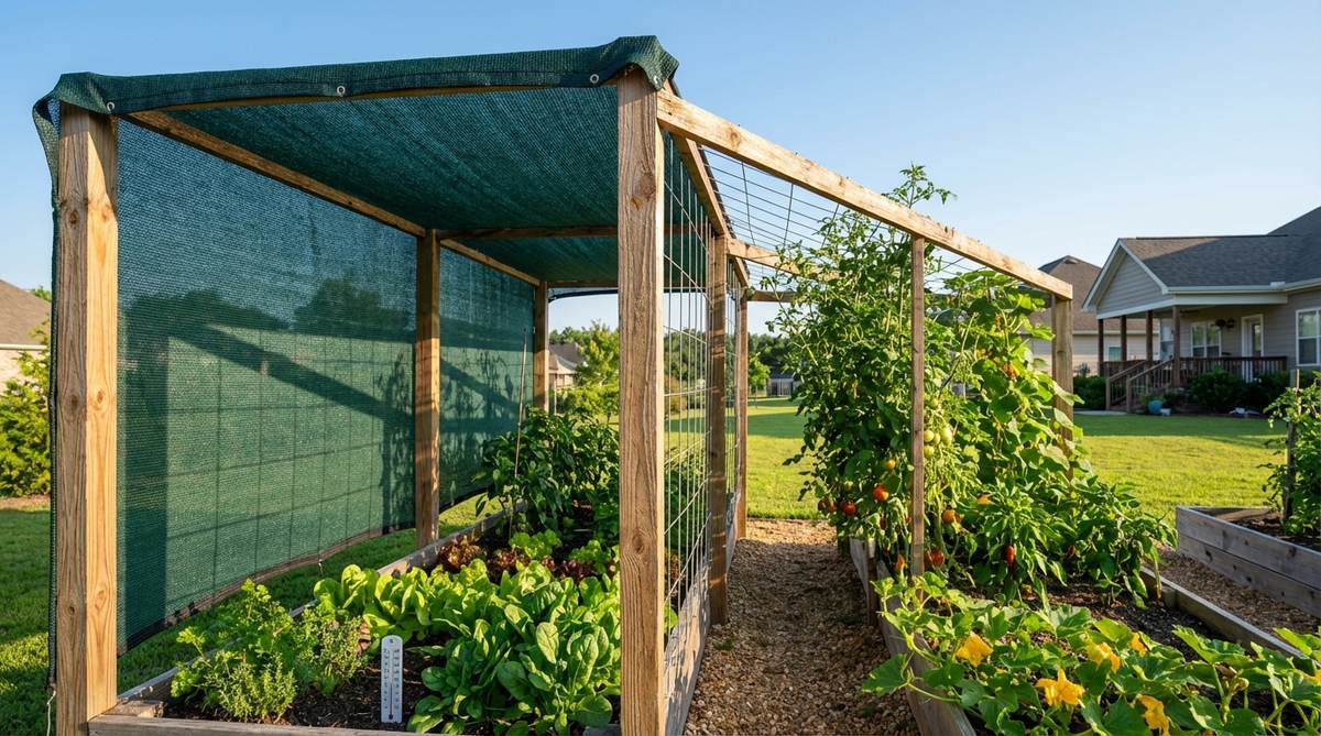 A small garden trellis with shade cloth attached, showing how to combine plant support with climate control for vegetables in sunny southern gardens. The image illustrates the positioning of heat-sensitive crops on the shaded north side and sun-loving plants on the south side, demonstrating microclimate management to extend harvests.