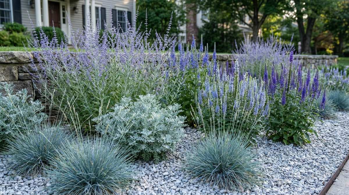 A calming and sophisticated gravel garden bed featuring a silver-blue cool palette with Artemisia 'Powis Castle', blue fescue, Russian sage, and Veronica 'Royal Candles', arranged by height against pale gray gravel for extended blue and purple blooms from June to September.
