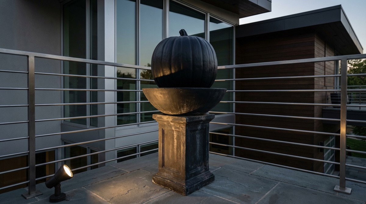 An oversized pumpkin, painted matte black or metallic gold, serving as the sole decorative element on a balcony. Positioned on a pedestal planter or side table with a spotlight creating dramatic shadows, this minimalist design suits modern architecture for Halloween.
