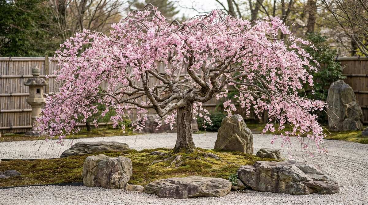A solitary weeping cherry tree, meticulously trained over decades to form a living sculpture, serves as a focal point in a Zen garden. Its graceful, cascading branches are pruned to reveal an intricate structure, with exposed weathered bark that conveys a sense of great age. In spring, the tree bursts into a vibrant display of blossoms, providing the only seasonal color in the serene, minimalist landscape.