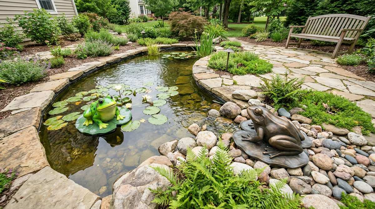 A decorative frog sculpture perched on a lily pad base, perfect for water gardens and pond decor. Available in bright green cartoonish finishes or sophisticated bronze versions, these weatherproof sculptures can be floated in shallow water or placed at the water's edge to create charming amphibian displays.