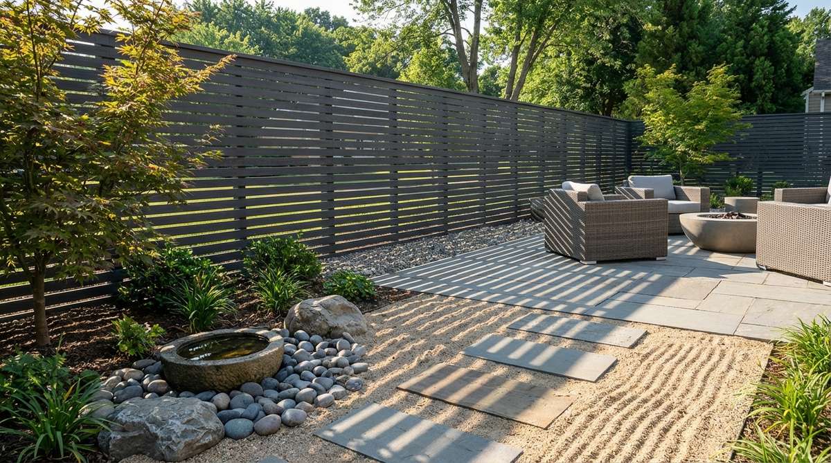 A modern Japanese garden featuring a slatted wood privacy fence with horizontal cedar slats spaced 1 inch apart, allowing air circulation and filtered light. The fence is stained in charcoal gray or natural cedar tones, creating dynamic shadow play as the sun moves throughout the day, contrasting with traditional vertical pickets.