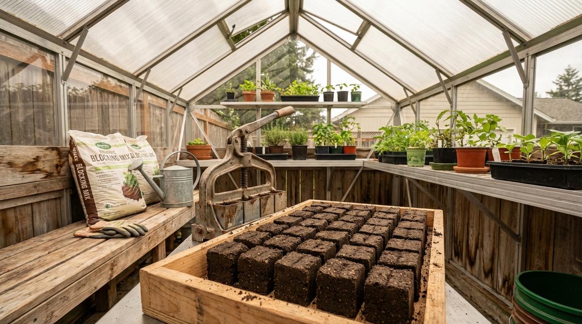 A hand-operated soil block maker kit with blocking mix for creating compressed soil cubes in a mini garden greenhouse. The kit eliminates containers, allowing roots to air-prune at block edges for dense, fibrous root balls. Blocks sit directly in trays to maximize space efficiency and provide superior root development. This method reduces plastic waste and produces robust transplants favored by organic growers.